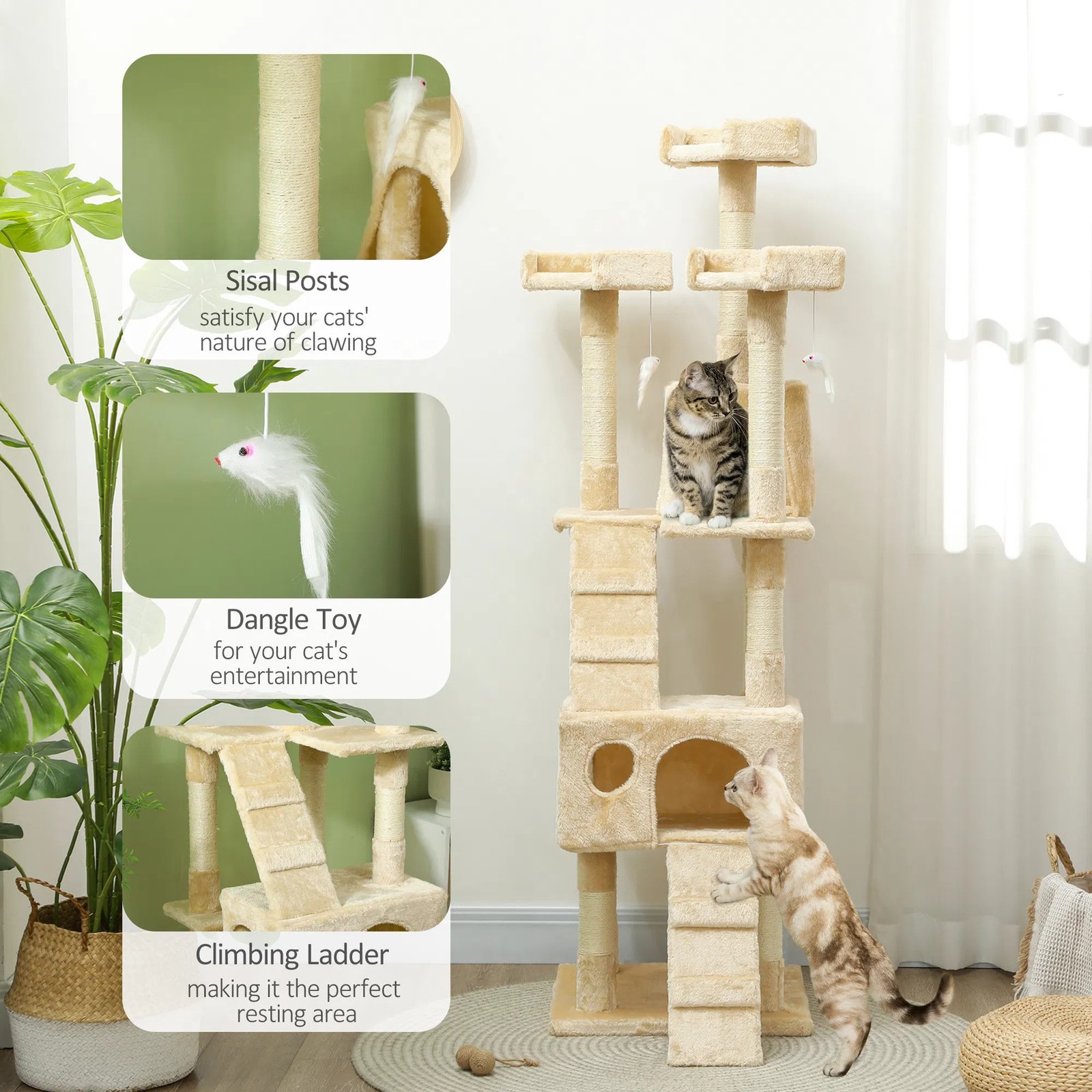 68-inch Multi-Level Cat Scratching Tree Kitty Activity Center Post Tower Condo Pet Furniture w/ Toy Beige 68-inch Multi-Level Cat Scratching Tree Kitty Activity Center Post Tower Condo Pet Furniture w/ Toy Beige - Image 5