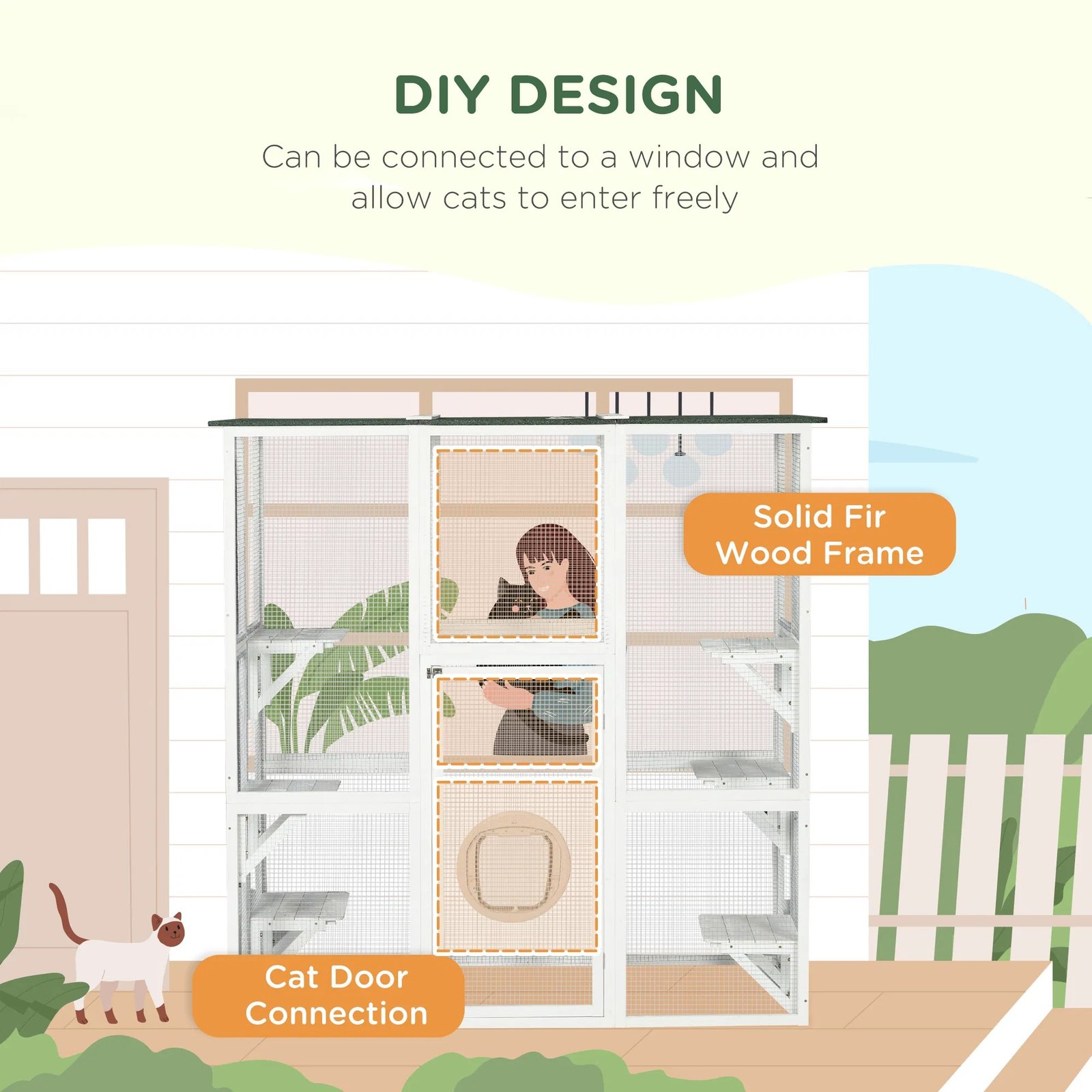 Large Outdoor Catio Enclosure, Wooden Cat Patio with 6 Balanced Platforms and Asphalt Roof, 70.9" x 38.6" x 70.9", White Large Outdoor Catio Enclosure, Wooden Cat Patio with 6 Balanced Platforms and Asphalt Roof, 70.9" x 38.6" x 70.9", White - Image 4