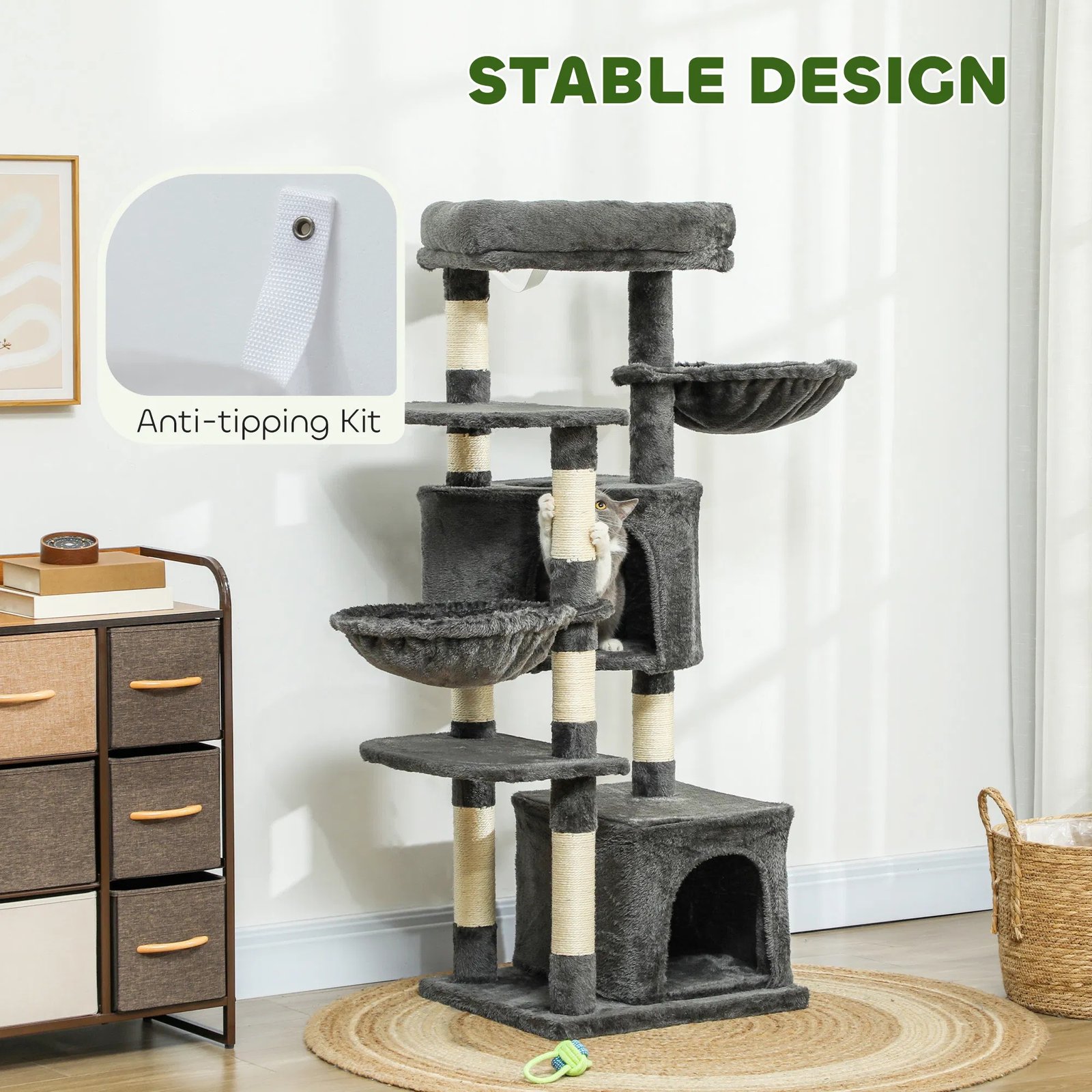 52.5" Cat Tree Tower with Scratching Posts, Cat Condos, Bed, Platforms, Hammocks, for Indoor Cats, Dark Grey 52.5" Cat Tree Tower with Scratching Posts, Cat Condos, Bed, Platforms, Hammocks, for Indoor Cats, Dark Grey - Image 4