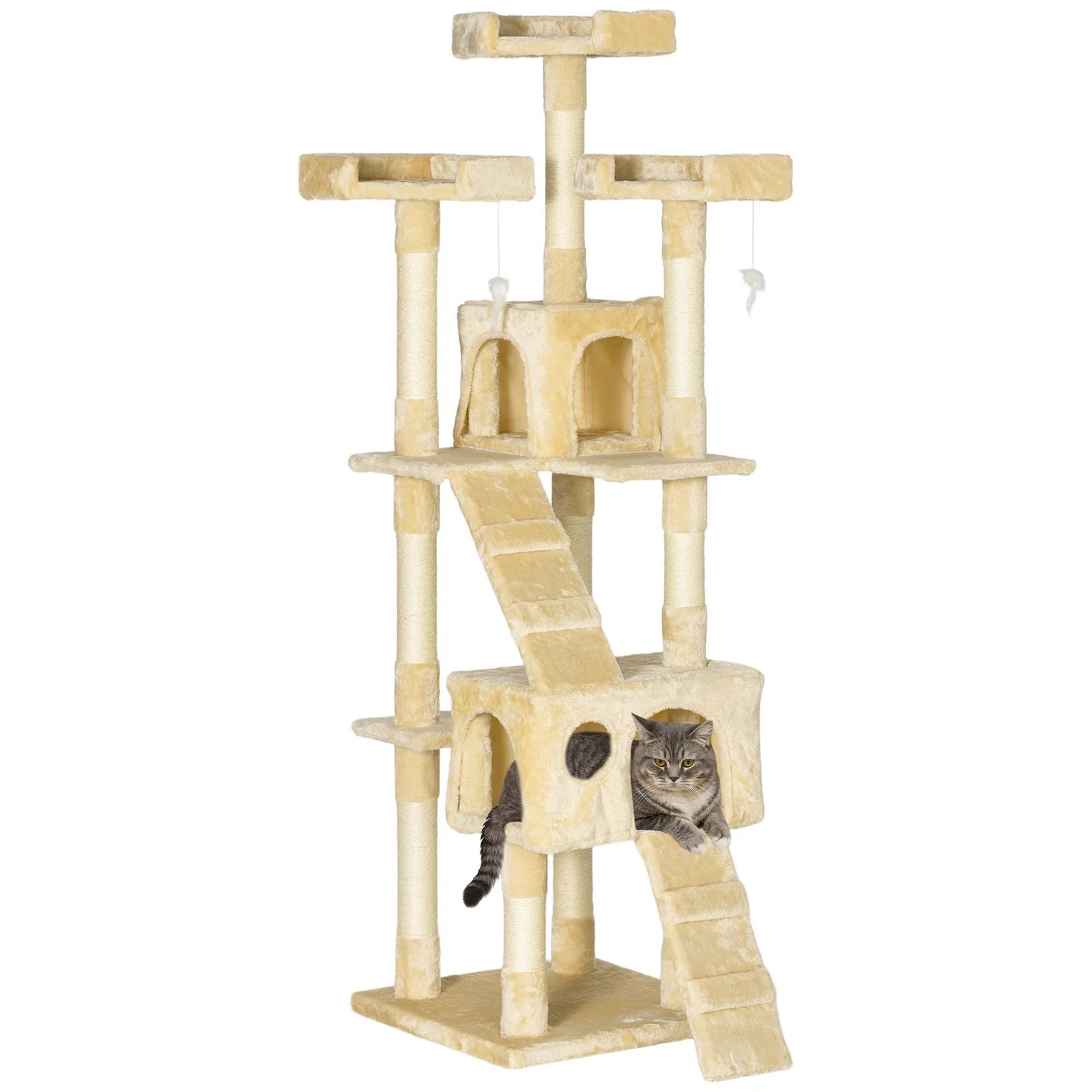 68-inch Multi-Level Cat Scratching Tree Kitty Activity Center Post Tower Condo Pet Furniture w/ Toy Beige 68-inch Multi-Level Cat Scratching Tree Kitty Activity Center Post Tower Condo Pet Furniture w/ Toy Beige