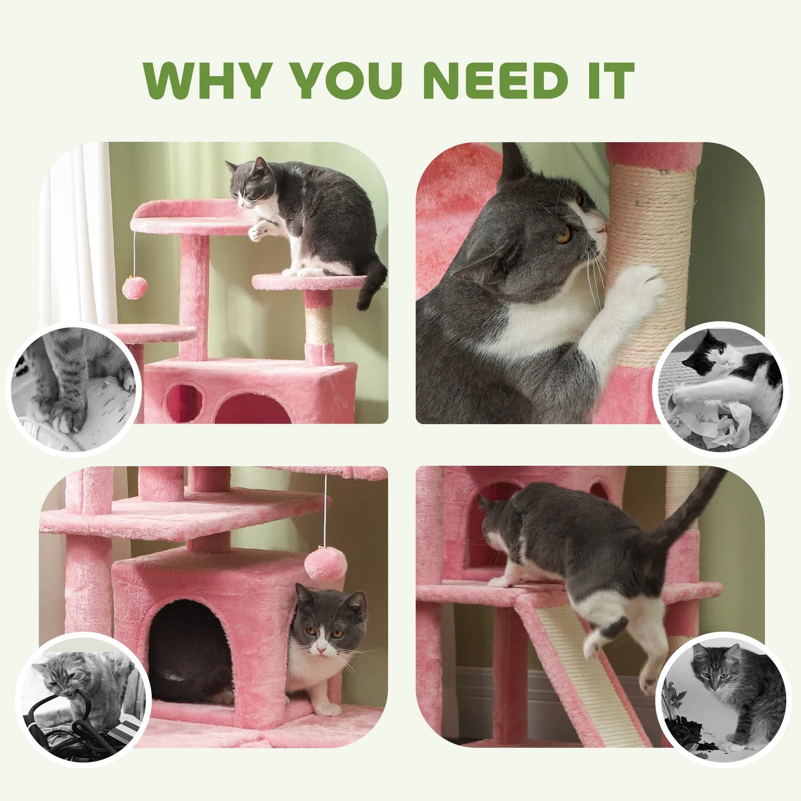 54" Cat Tree, Multi-Level Cat Tower with Scratching Posts, Cat Condos, Bed, Platforms, Ramp, Toy Ball, Pink 54" Cat Tree, Multi-Level Cat Tower with Scratching Posts, Cat Condos, Bed, Platforms, Ramp, Toy Ball, Pink - Image 3
