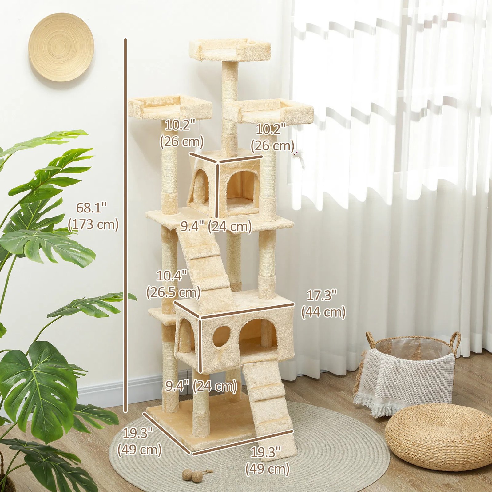 68-inch Multi-Level Cat Scratching Tree Kitty Activity Center Post Tower Condo Pet Furniture w/ Toy Beige 68-inch Multi-Level Cat Scratching Tree Kitty Activity Center Post Tower Condo Pet Furniture w/ Toy Beige - Image 6