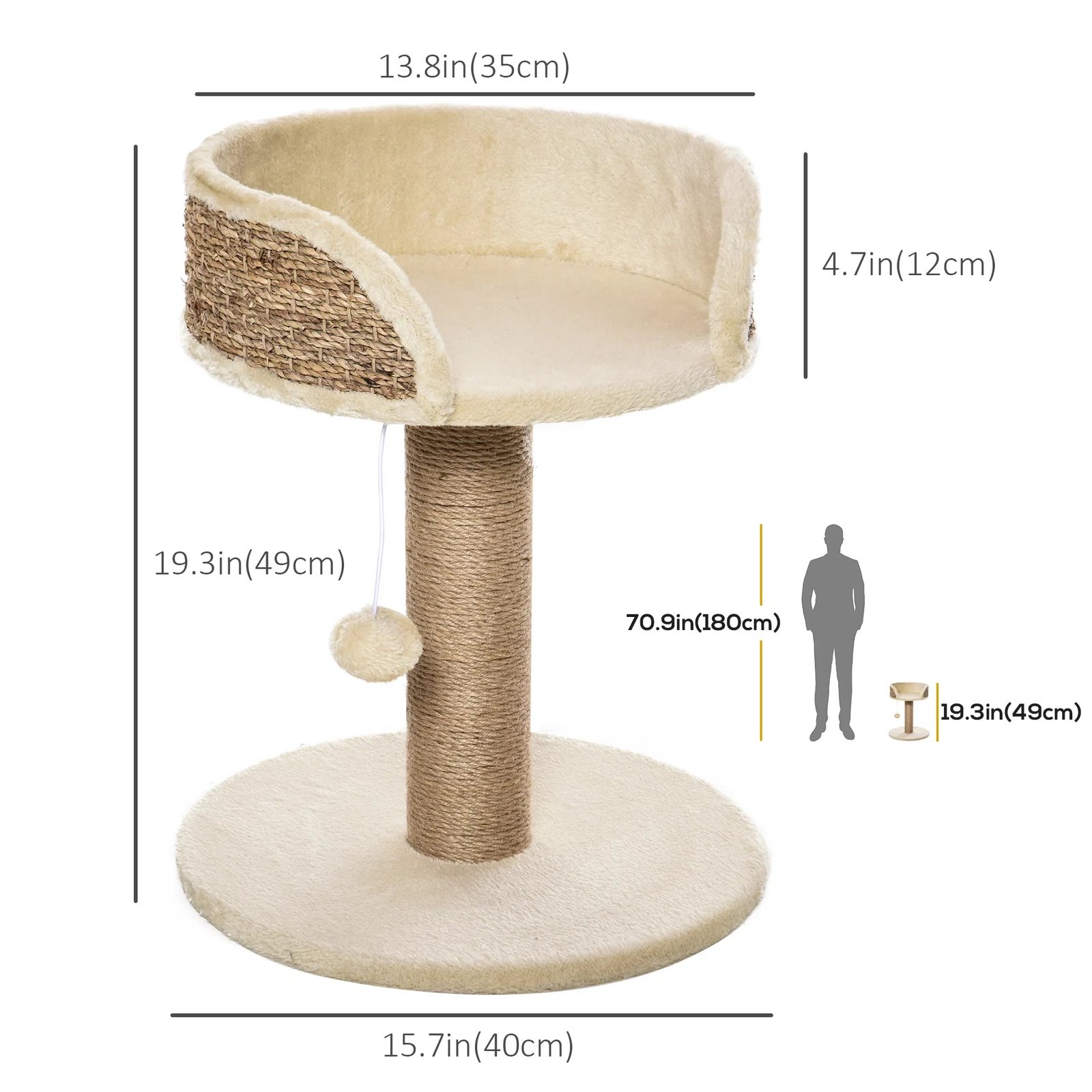 Cat Tree with Scratching Post, Toy Ball, Perch, Small Cat Tower for Indoor Cats - 16" x 16" x 19", Beige Cat Tree with Scratching Post, Toy Ball, Perch, Small Cat Tower for Indoor Cats - 16" x 16" x 19", Beige - Image 4