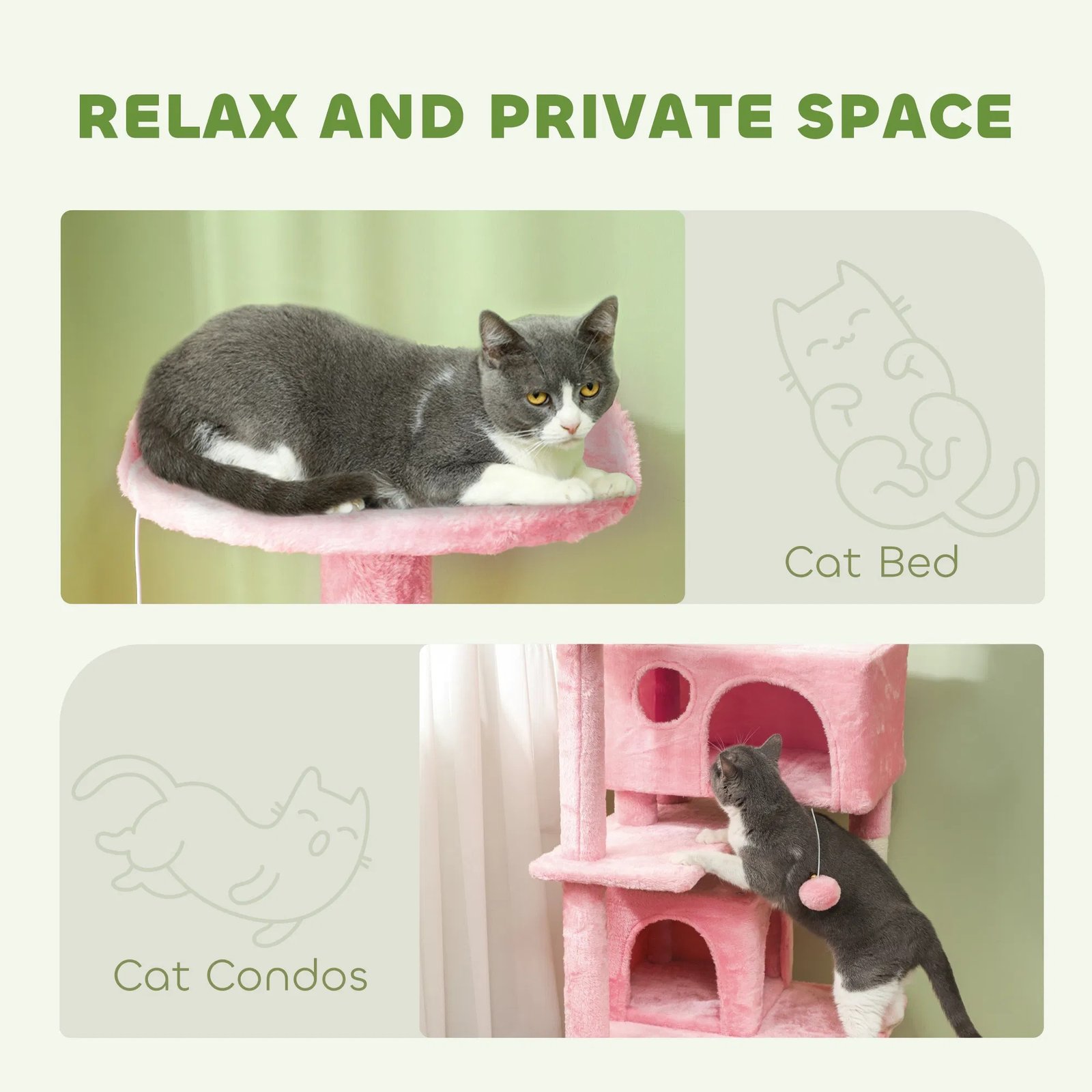 54" Cat Tree, Multi-Level Cat Tower with Scratching Posts, Cat Condos, Bed, Platforms, Ramp, Toy Ball, Pink 54" Cat Tree, Multi-Level Cat Tower with Scratching Posts, Cat Condos, Bed, Platforms, Ramp, Toy Ball, Pink - Image 2