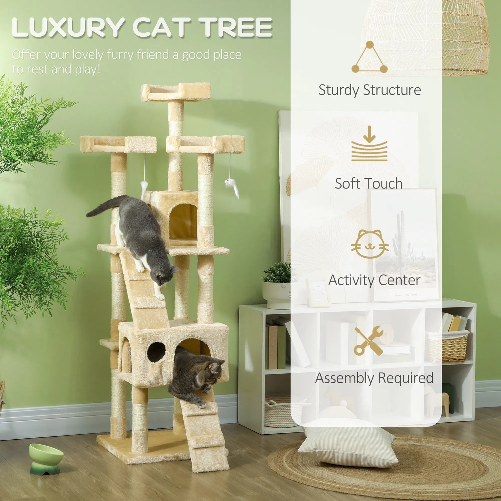 68-inch Multi-Level Cat Scratching Tree Kitty Activity Center Post Tower Condo Pet Furniture w/ Toy Beige 68-inch Multi-Level Cat Scratching Tree Kitty Activity Center Post Tower Condo Pet Furniture w/ Toy Beige - Image 2