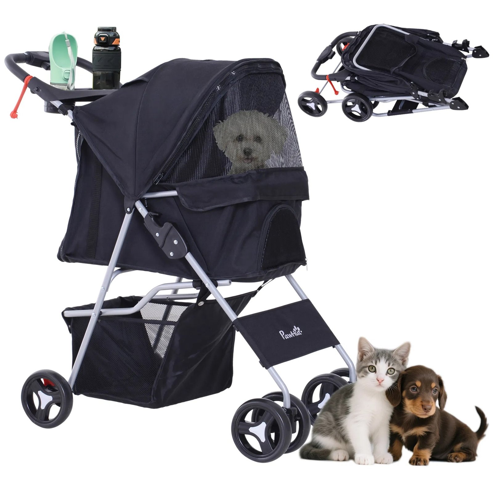 Dog Stroller, One-click Folding Pet Stroller with Cup Holder, 4 Wheels Travel Carrier w/ Brakes, 360° Swiveling Front Wheels, Storage Basket, for XS/Small Dogs Cats, Black Dog Stroller, One-click Folding Pet Stroller with Cup Holder, 4 Wheels Travel Carrier w/ Brakes, 360° Swiveling Front Wheels, Storage Basket, for XS/Small Dogs Cats, Black