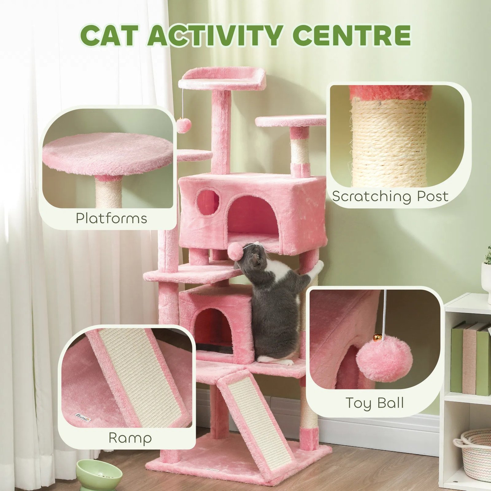 54" Cat Tree, Multi-Level Cat Tower with Scratching Posts, Cat Condos, Bed, Platforms, Ramp, Toy Ball, Pink 54" Cat Tree, Multi-Level Cat Tower with Scratching Posts, Cat Condos, Bed, Platforms, Ramp, Toy Ball, Pink - Image 5