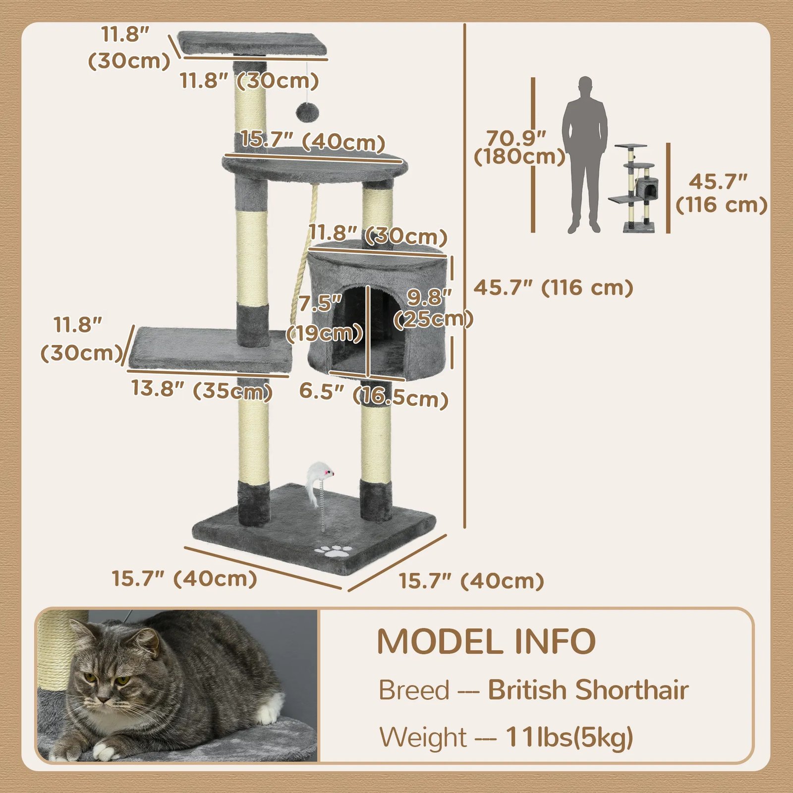46Inch Scratching Cat Tree, Multi Level Cat Tower for Large Cats Adult with Toys and Condo, Grey 46Inch Scratching Cat Tree, Multi Level Cat Tower for Large Cats Adult with Toys and Condo, Grey - Image 5