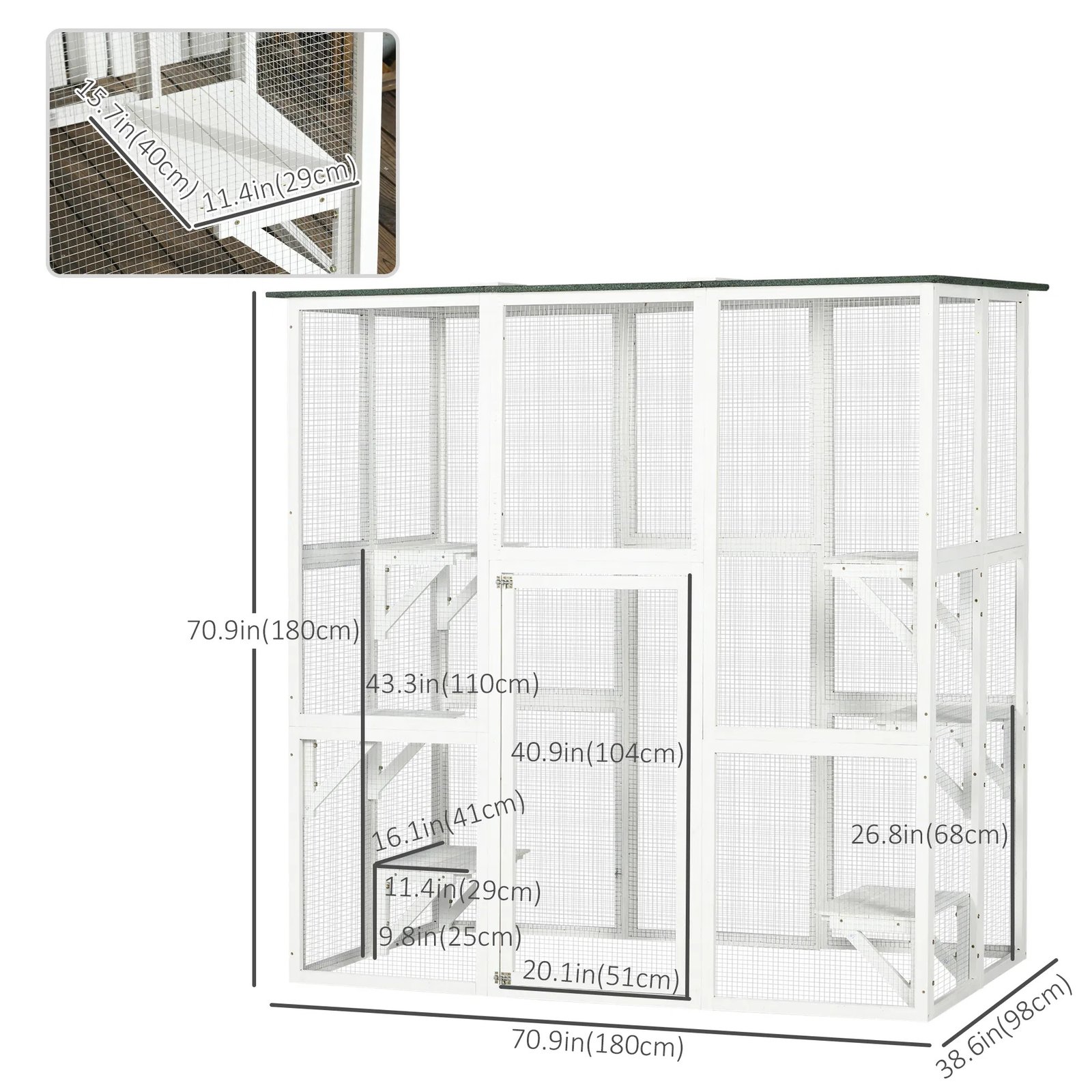 Large Outdoor Catio Enclosure, Wooden Cat Patio with 6 Balanced Platforms and Asphalt Roof, 70.9" x 38.6" x 70.9", White Large Outdoor Catio Enclosure, Wooden Cat Patio with 6 Balanced Platforms and Asphalt Roof, 70.9" x 38.6" x 70.9", White - Image 3