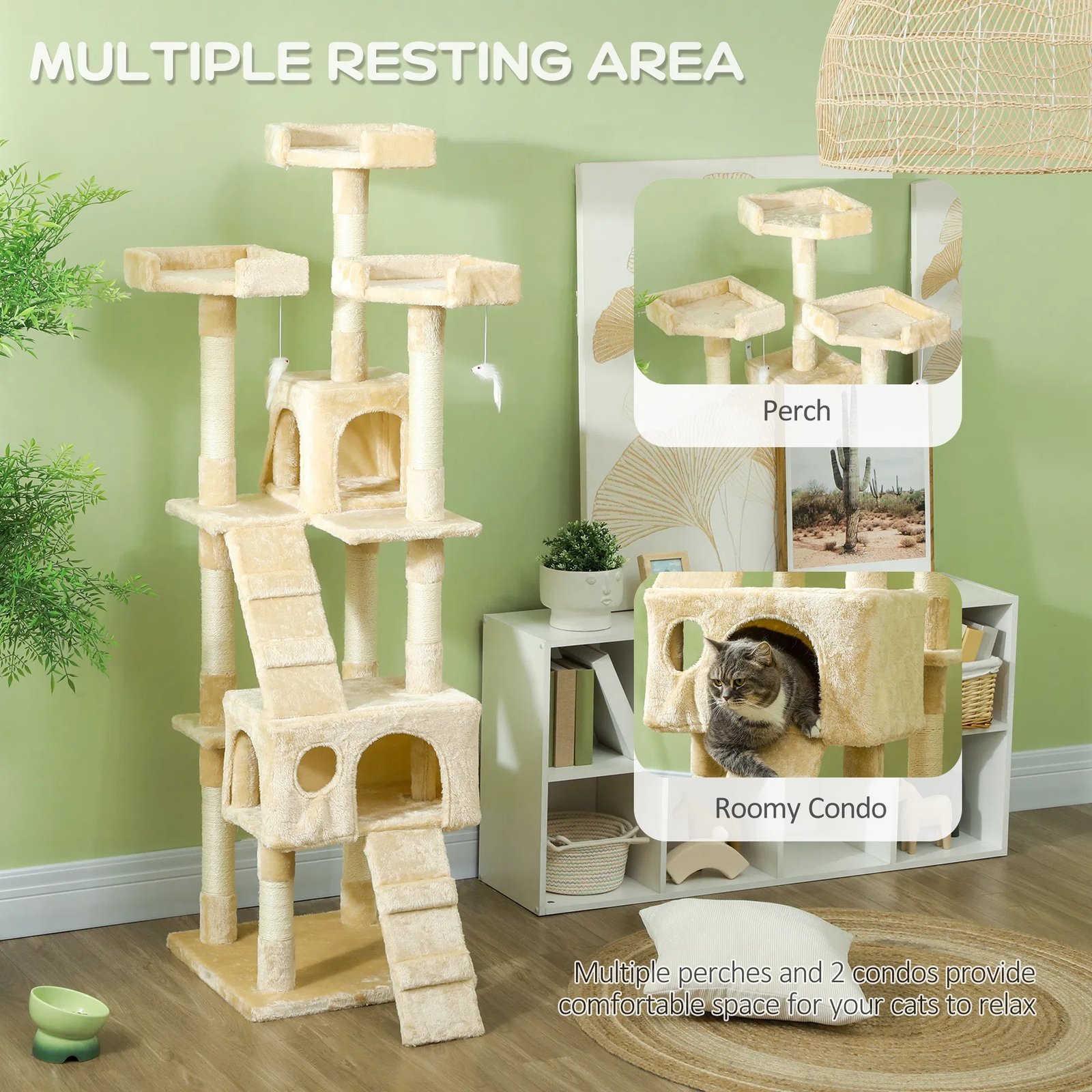 68-inch Multi-Level Cat Scratching Tree Kitty Activity Center Post Tower Condo Pet Furniture w/ Toy Beige 68-inch Multi-Level Cat Scratching Tree Kitty Activity Center Post Tower Condo Pet Furniture w/ Toy Beige - Image 3