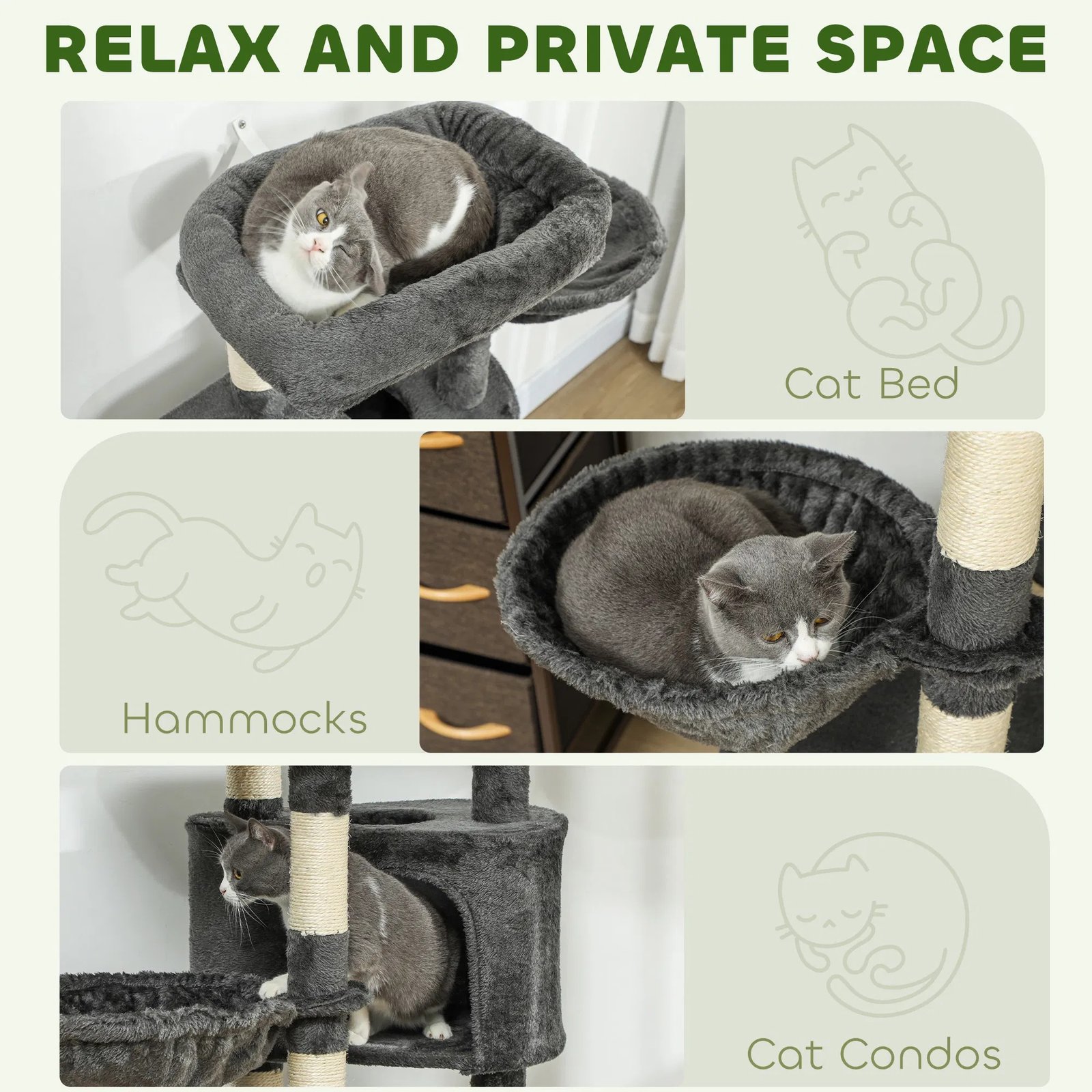 52.5" Cat Tree Tower with Scratching Posts, Cat Condos, Bed, Platforms, Hammocks, for Indoor Cats, Dark Grey 52.5" Cat Tree Tower with Scratching Posts, Cat Condos, Bed, Platforms, Hammocks, for Indoor Cats, Dark Grey - Image 6