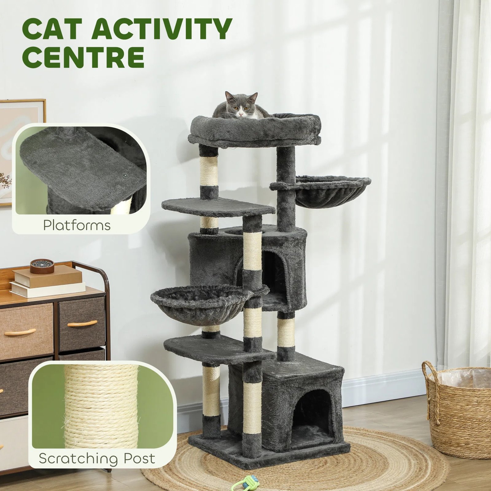 52.5" Cat Tree Tower with Scratching Posts, Cat Condos, Bed, Platforms, Hammocks, for Indoor Cats, Dark Grey 52.5" Cat Tree Tower with Scratching Posts, Cat Condos, Bed, Platforms, Hammocks, for Indoor Cats, Dark Grey - Image 2