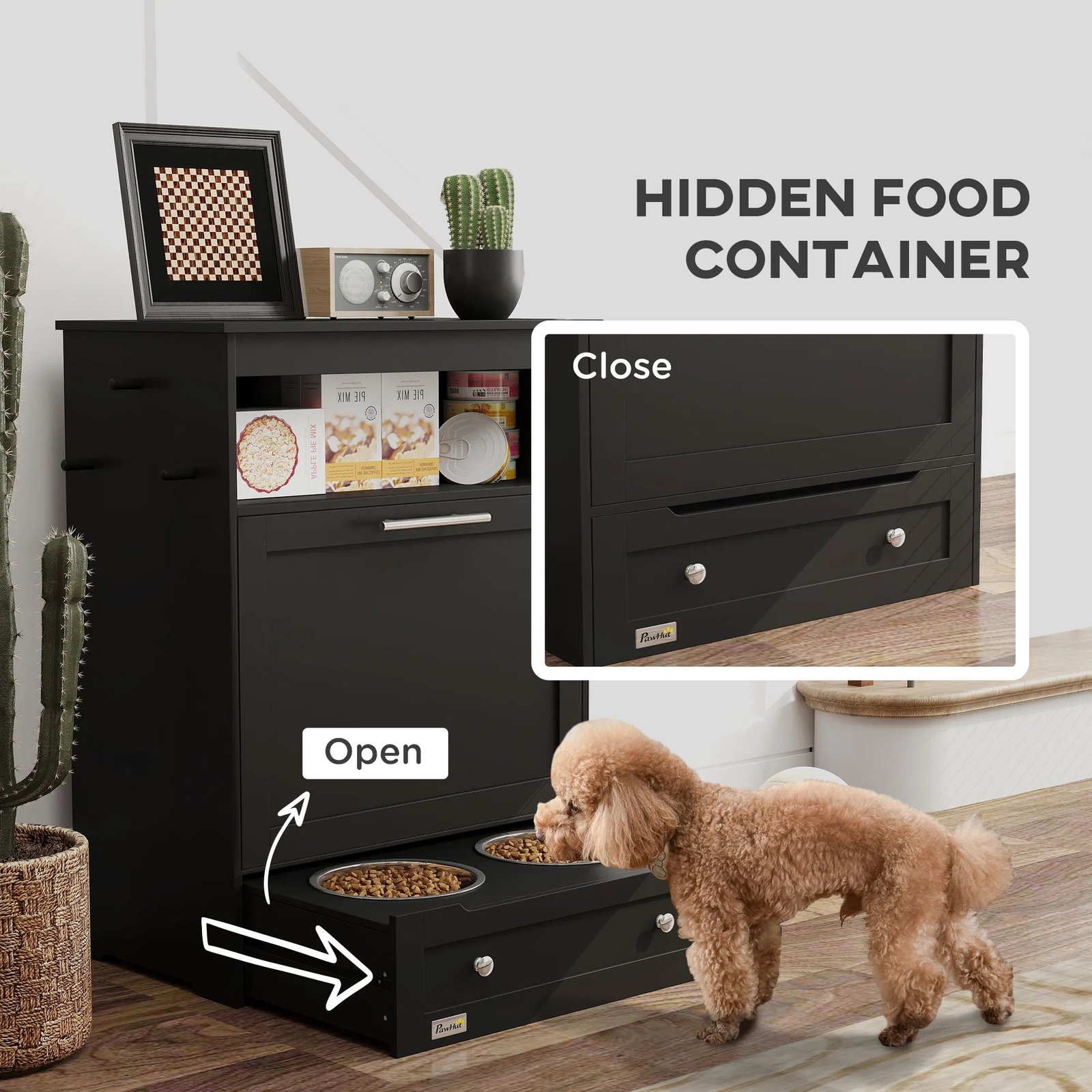 Pet Feeder Station Storage Cabinet, Dog Food Storage Container with Dog Raised Bowls, Watering Supplies, Black Pet Feeder Station Storage Cabinet, Dog Food Storage Container with Dog Raised Bowls, Watering Supplies, Black - Image 5