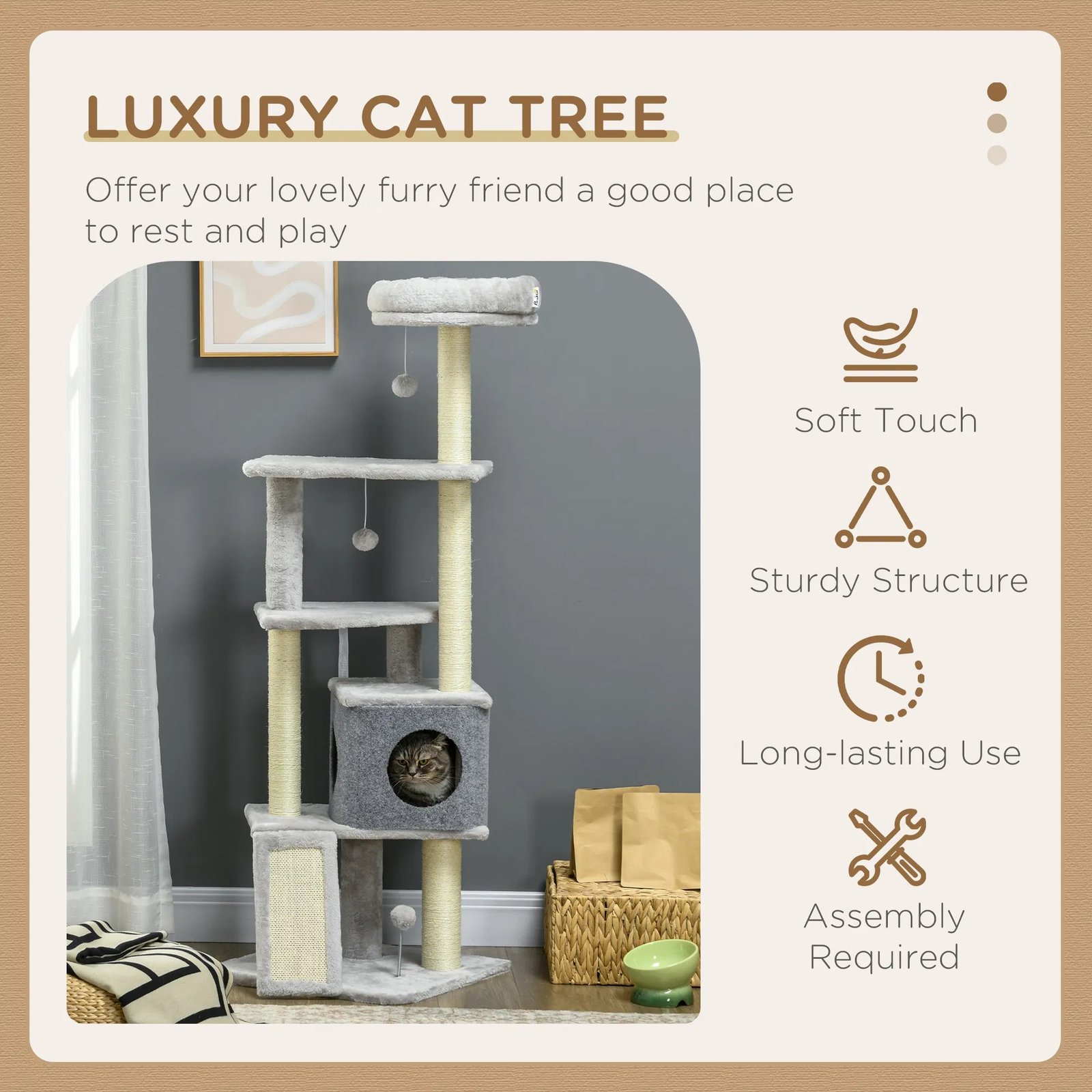 57.5" Cat Tree with Scratching Posts, Large Cat Tower for Indoor Cats with Bed, House, Toys, Grey 57.5" Cat Tree with Scratching Posts, Large Cat Tower for Indoor Cats with Bed, House, Toys, Grey - Image 4