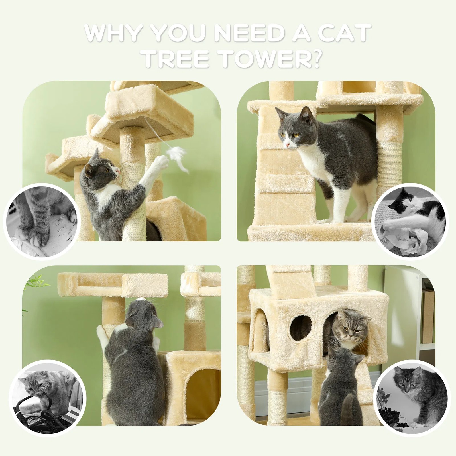 68-inch Multi-Level Cat Scratching Tree Kitty Activity Center Post Tower Condo Pet Furniture w/ Toy Beige 68-inch Multi-Level Cat Scratching Tree Kitty Activity Center Post Tower Condo Pet Furniture w/ Toy Beige - Image 4