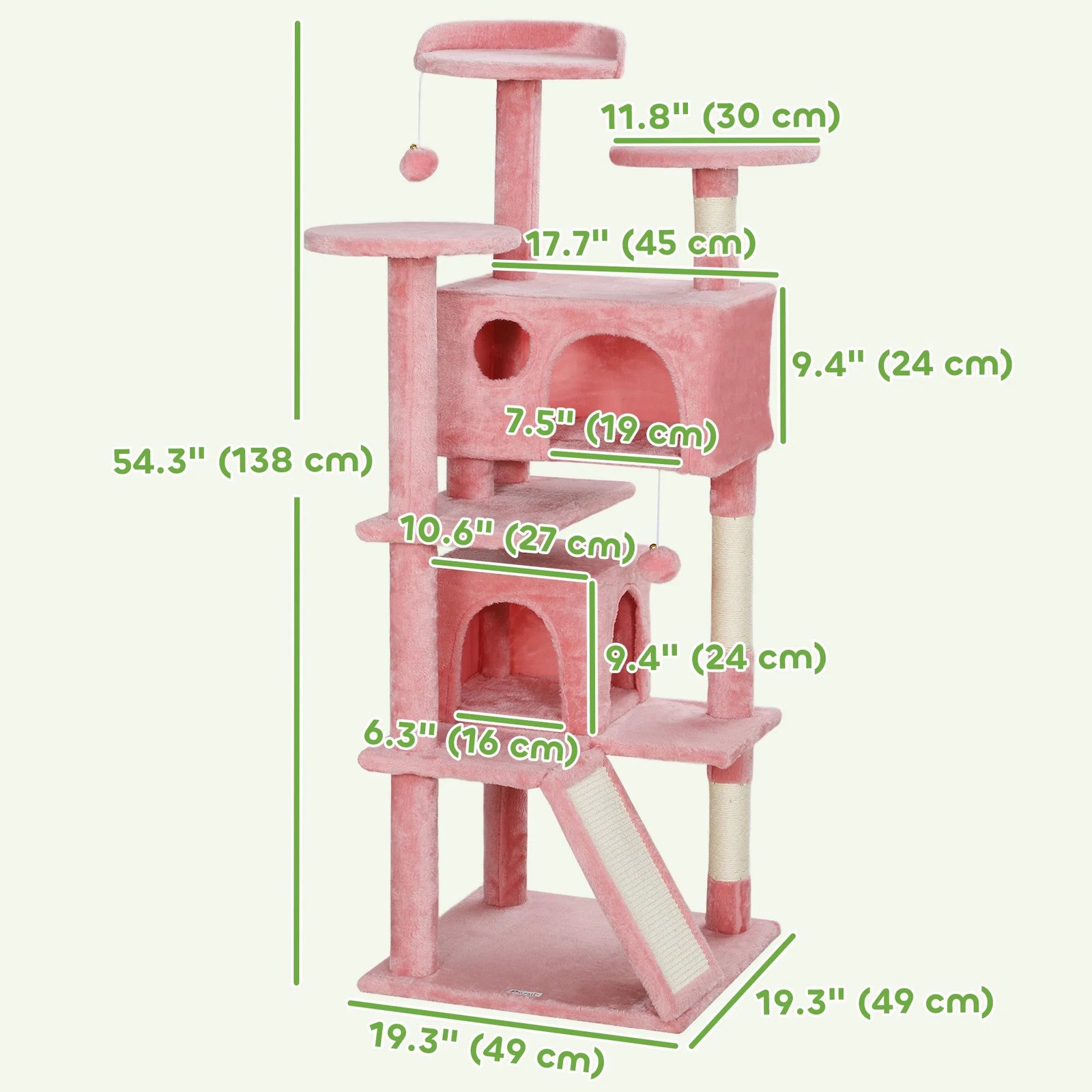 54" Cat Tree, Multi-Level Cat Tower with Scratching Posts, Cat Condos, Bed, Platforms, Ramp, Toy Ball, Pink 54" Cat Tree, Multi-Level Cat Tower with Scratching Posts, Cat Condos, Bed, Platforms, Ramp, Toy Ball, Pink - Image 6
