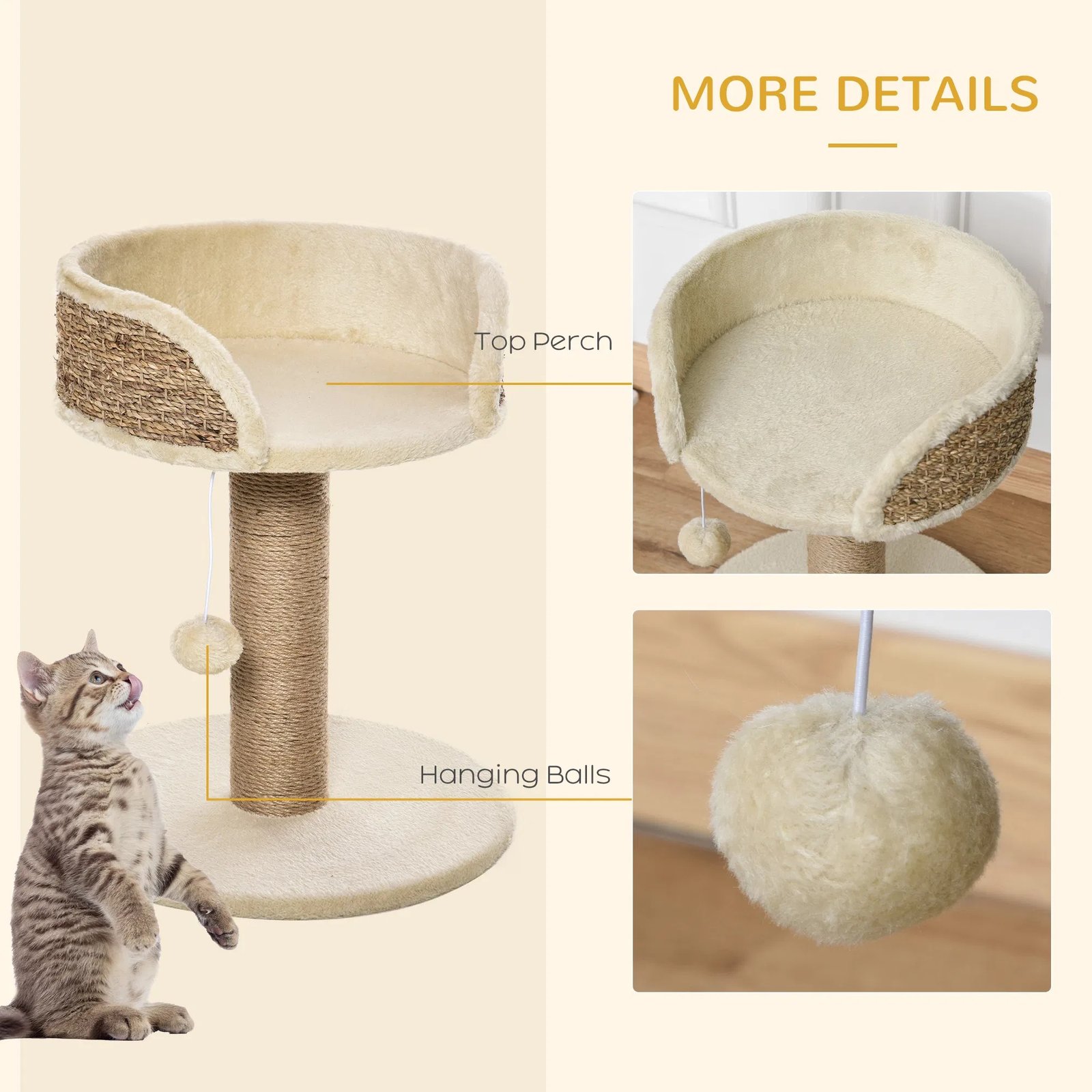 Cat Tree with Scratching Post, Toy Ball, Perch, Small Cat Tower for Indoor Cats - 16" x 16" x 19", Beige Cat Tree with Scratching Post, Toy Ball, Perch, Small Cat Tower for Indoor Cats - 16" x 16" x 19", Beige - Image 2