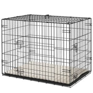 30" Dog Crate with 2 Doors, Folding Metal Dog Cage with Soft Cushion, Removable Tray, Handle, for Small Dogs, Black