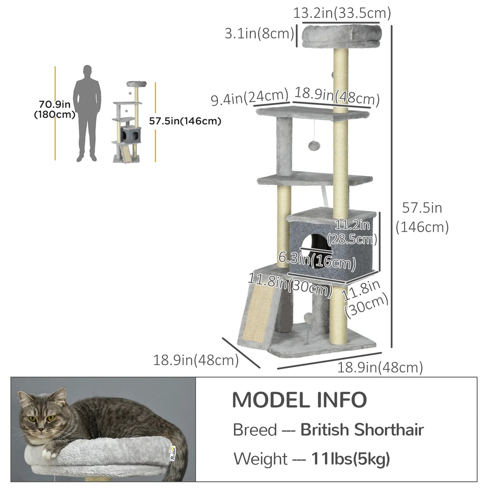 57.5" Cat Tree with Scratching Posts, Large Cat Tower for Indoor Cats with Bed, House, Toys, Grey 57.5" Cat Tree with Scratching Posts, Large Cat Tower for Indoor Cats with Bed, House, Toys, Grey - Image 5