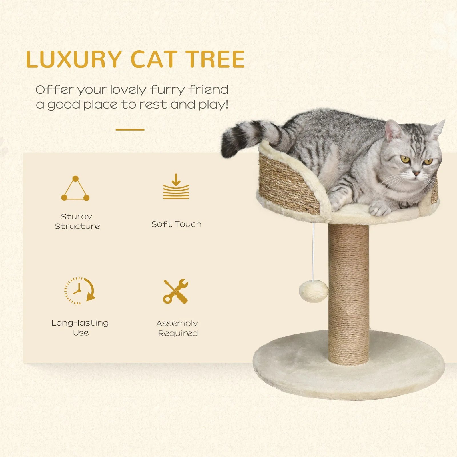 Cat Tree with Scratching Post, Toy Ball, Perch, Small Cat Tower for Indoor Cats - 16" x 16" x 19", Beige Cat Tree with Scratching Post, Toy Ball, Perch, Small Cat Tower for Indoor Cats - 16" x 16" x 19", Beige - Image 6