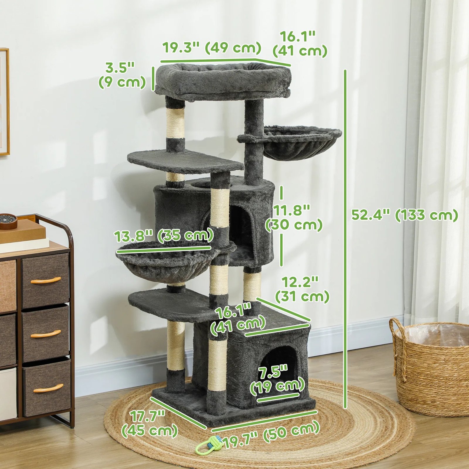 52.5" Cat Tree Tower with Scratching Posts, Cat Condos, Bed, Platforms, Hammocks, for Indoor Cats, Dark Grey 52.5" Cat Tree Tower with Scratching Posts, Cat Condos, Bed, Platforms, Hammocks, for Indoor Cats, Dark Grey - Image 5