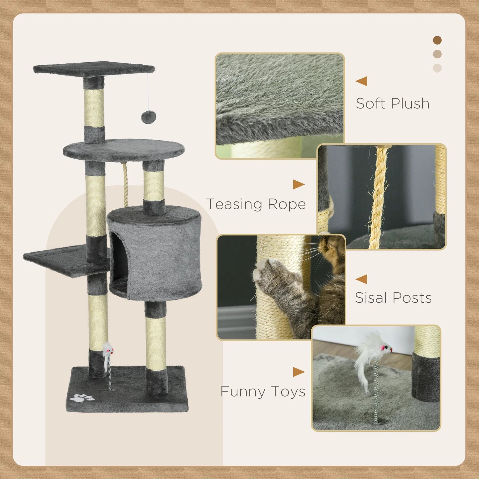 46Inch Scratching Cat Tree, Multi Level Cat Tower for Large Cats Adult with Toys and Condo, Grey 46Inch Scratching Cat Tree, Multi Level Cat Tower for Large Cats Adult with Toys and Condo, Grey - Image 2