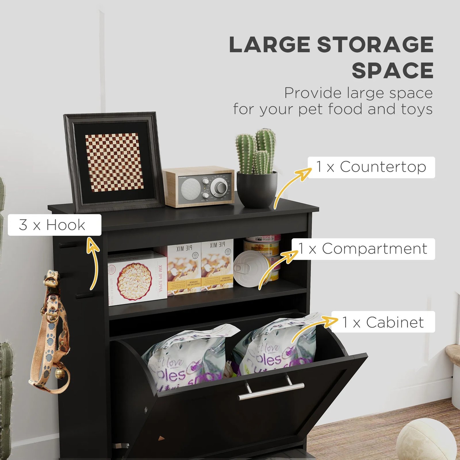 Pet Feeder Station Storage Cabinet, Dog Food Storage Container with Dog Raised Bowls, Watering Supplies, Black Pet Feeder Station Storage Cabinet, Dog Food Storage Container with Dog Raised Bowls, Watering Supplies, Black - Image 3