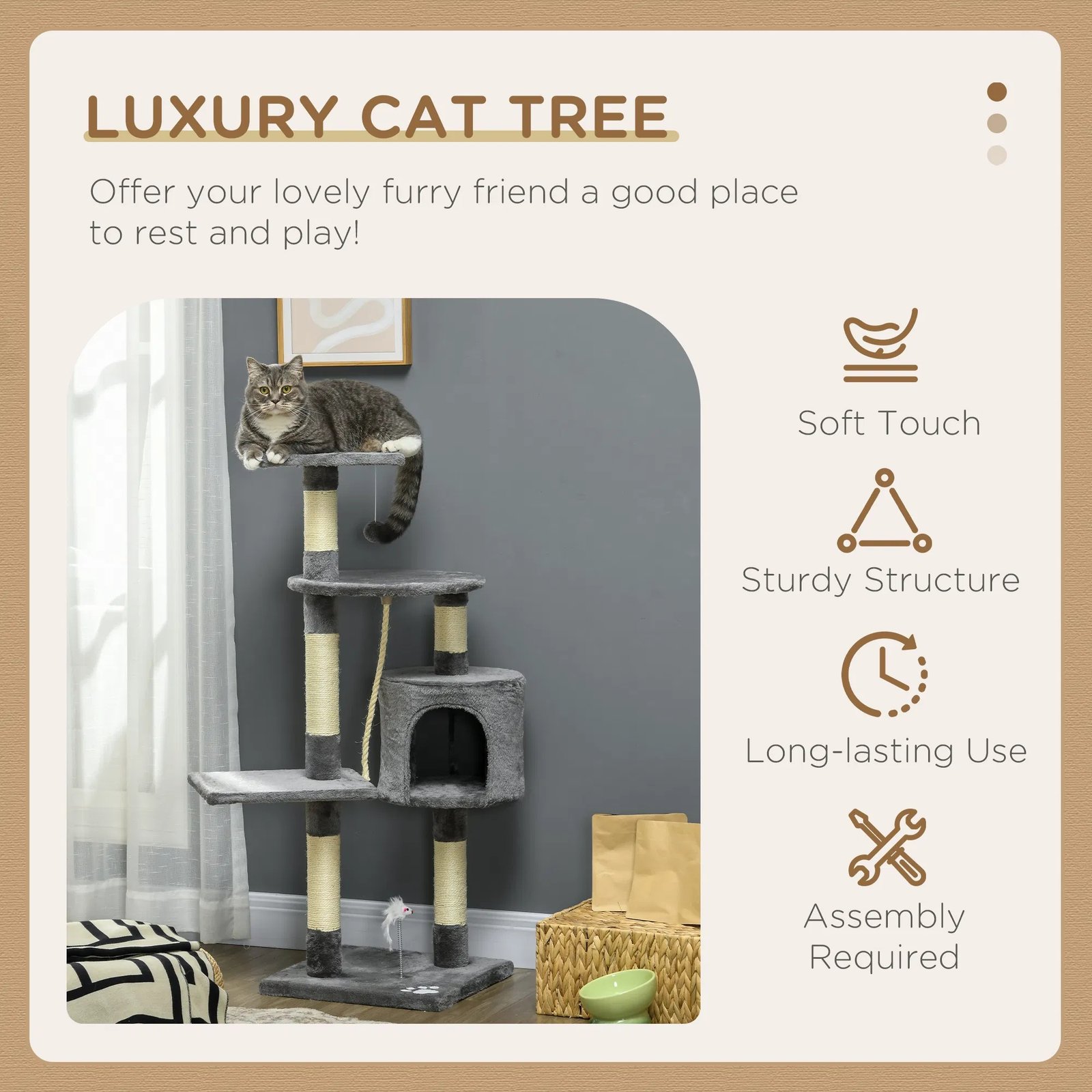 46Inch Scratching Cat Tree, Multi Level Cat Tower for Large Cats Adult with Toys and Condo, Grey 46Inch Scratching Cat Tree, Multi Level Cat Tower for Large Cats Adult with Toys and Condo, Grey - Image 3
