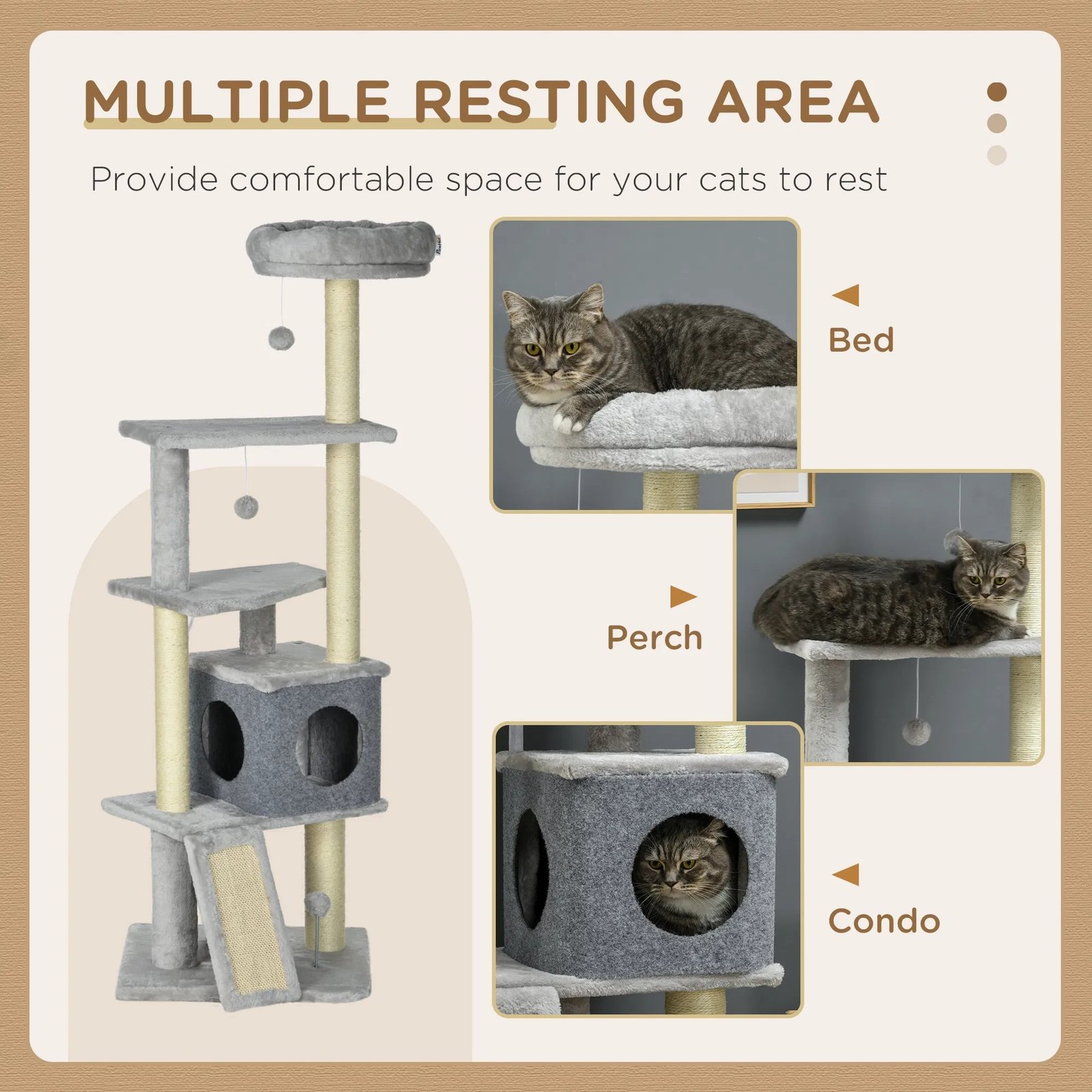 57.5" Cat Tree with Scratching Posts, Large Cat Tower for Indoor Cats with Bed, House, Toys, Grey 57.5" Cat Tree with Scratching Posts, Large Cat Tower for Indoor Cats with Bed, House, Toys, Grey - Image 3