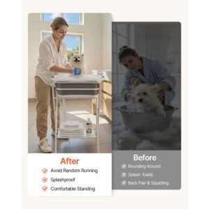 Elevated Dog Bathtub 2-in-1 – Collapsible Pet Bathing & Grooming Wash Station with Drain Hose (Gray & White)