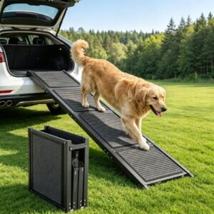 Foldable Dog Ramp for Car – 63in Aluminum Pet Ramp with Non-Slip Felt Surface, 250 lbs Capacity