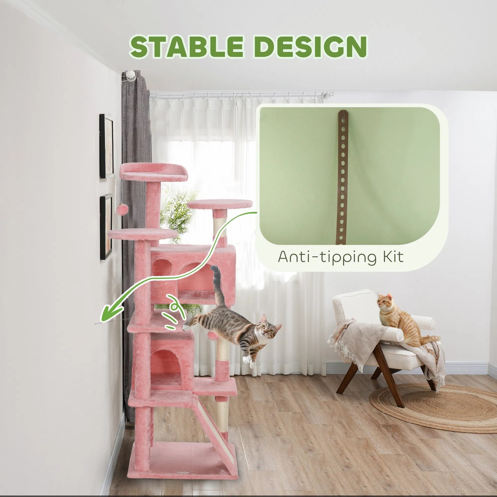 54" Cat Tree, Multi-Level Cat Tower with Scratching Posts, Cat Condos, Bed, Platforms, Ramp, Toy Ball, Pink 54" Cat Tree, Multi-Level Cat Tower with Scratching Posts, Cat Condos, Bed, Platforms, Ramp, Toy Ball, Pink - Image 4