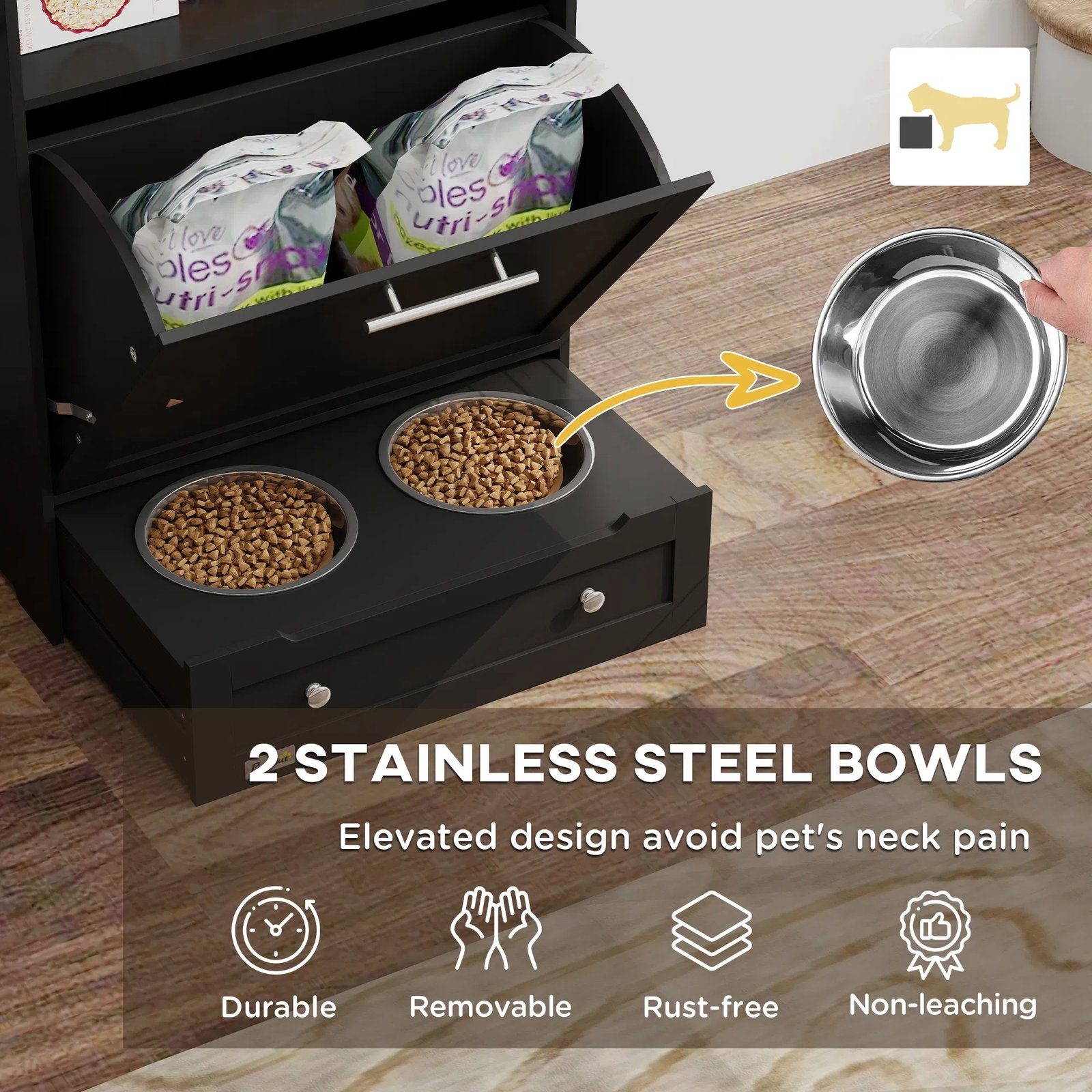 Pet Feeder Station Storage Cabinet, Dog Food Storage Container with Dog Raised Bowls, Watering Supplies, Black Pet Feeder Station Storage Cabinet, Dog Food Storage Container with Dog Raised Bowls, Watering Supplies, Black - Image 2