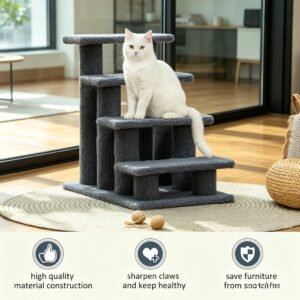 Carpeted Cat Scratching Post Stairs – 4-Step Multi-Level