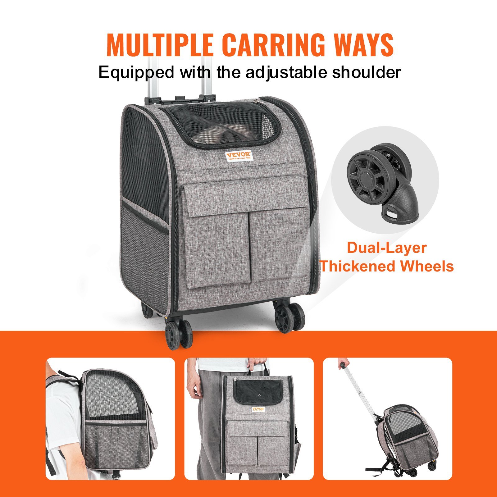 Rolling Pet Carrier Backpack with Wheels – Wheeled Travel Carrier for Small Dogs & Cats (Under 18 lbs, Grey) Rolling Pet Carrier Backpack with Wheels – Wheeled Travel Carrier for Small Dogs & Cats (Under 18 lbs, Grey) - Image 3