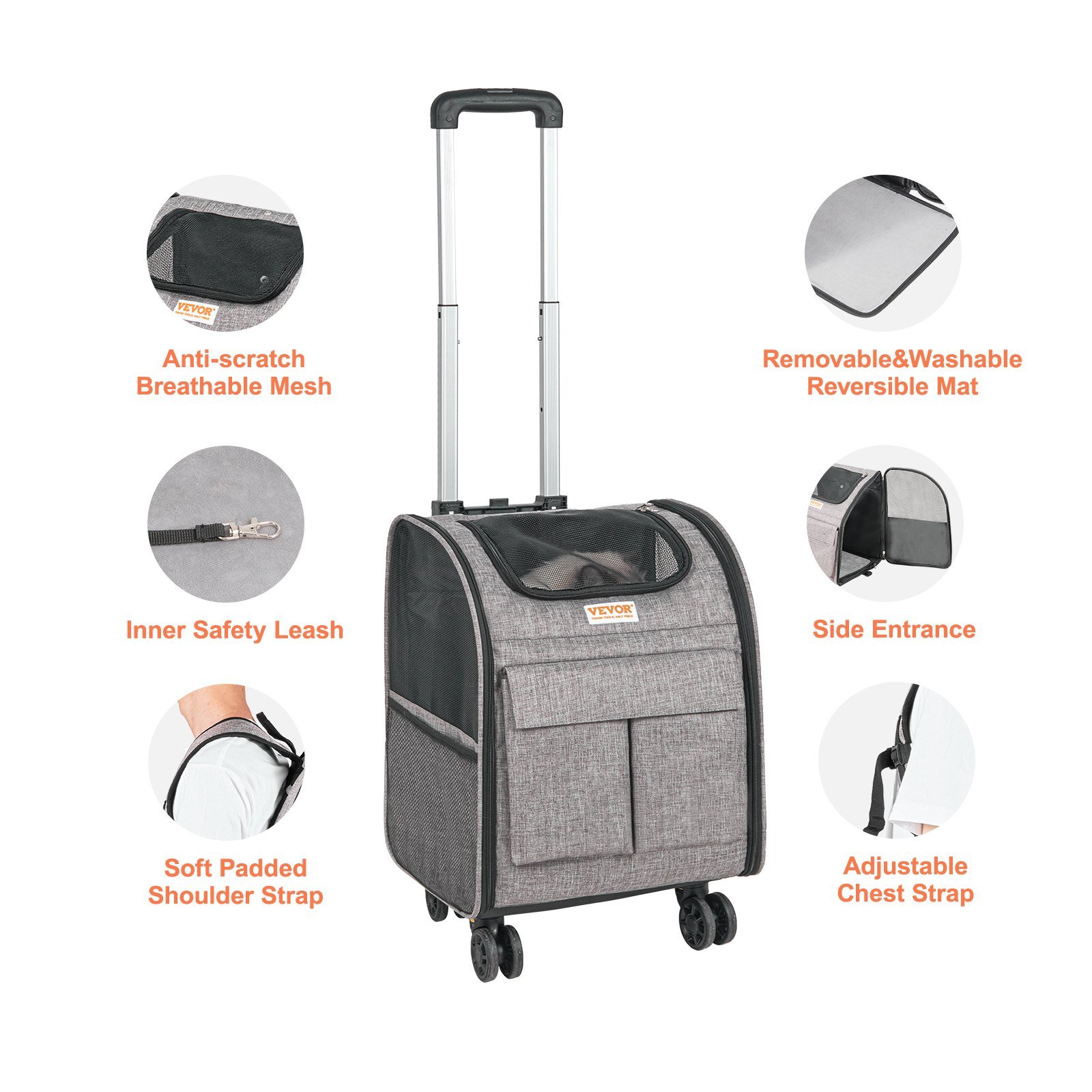 Rolling Pet Carrier Backpack with Wheels – Wheeled Travel Carrier for Small Dogs & Cats (Under 18 lbs, Grey) Rolling Pet Carrier Backpack with Wheels – Wheeled Travel Carrier for Small Dogs & Cats (Under 18 lbs, Grey) - Image 6